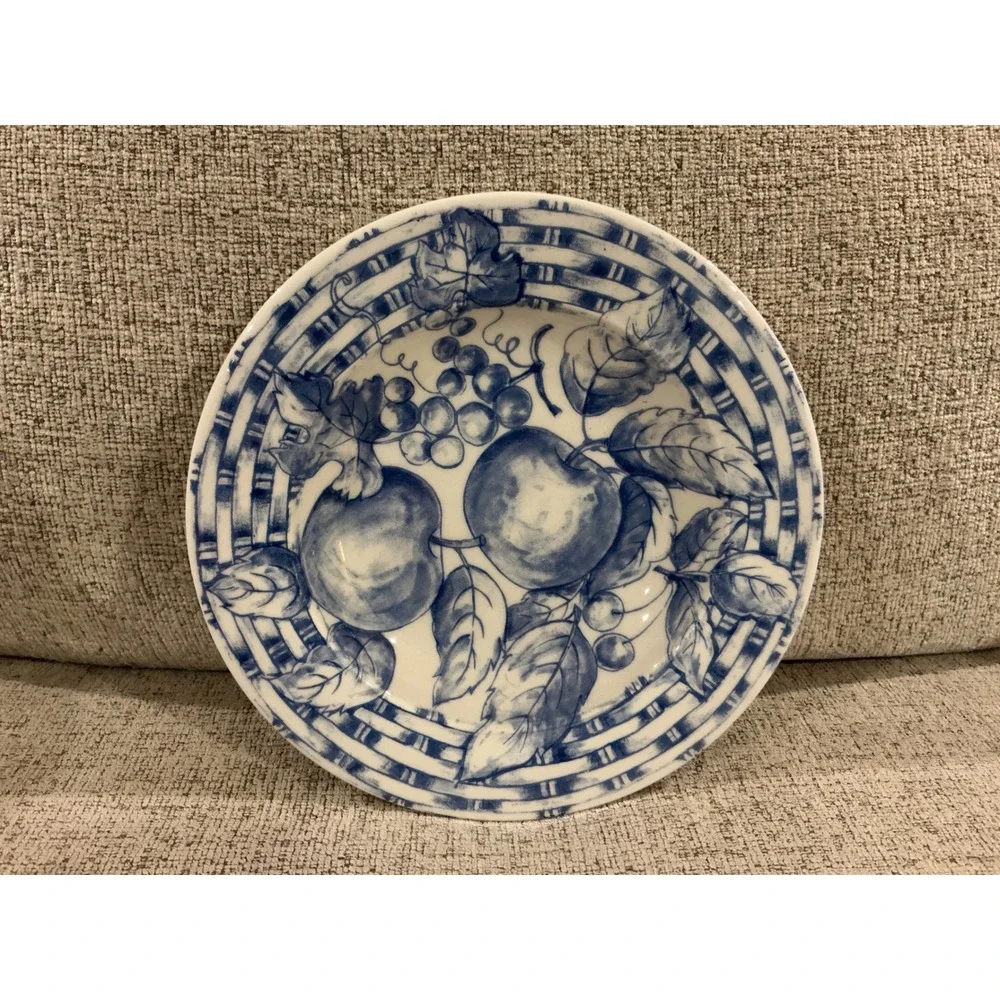 Pier 1 Imports Blue White Pasta Bowl Handcrafted Italy Fruit Lattice Ceramic 9